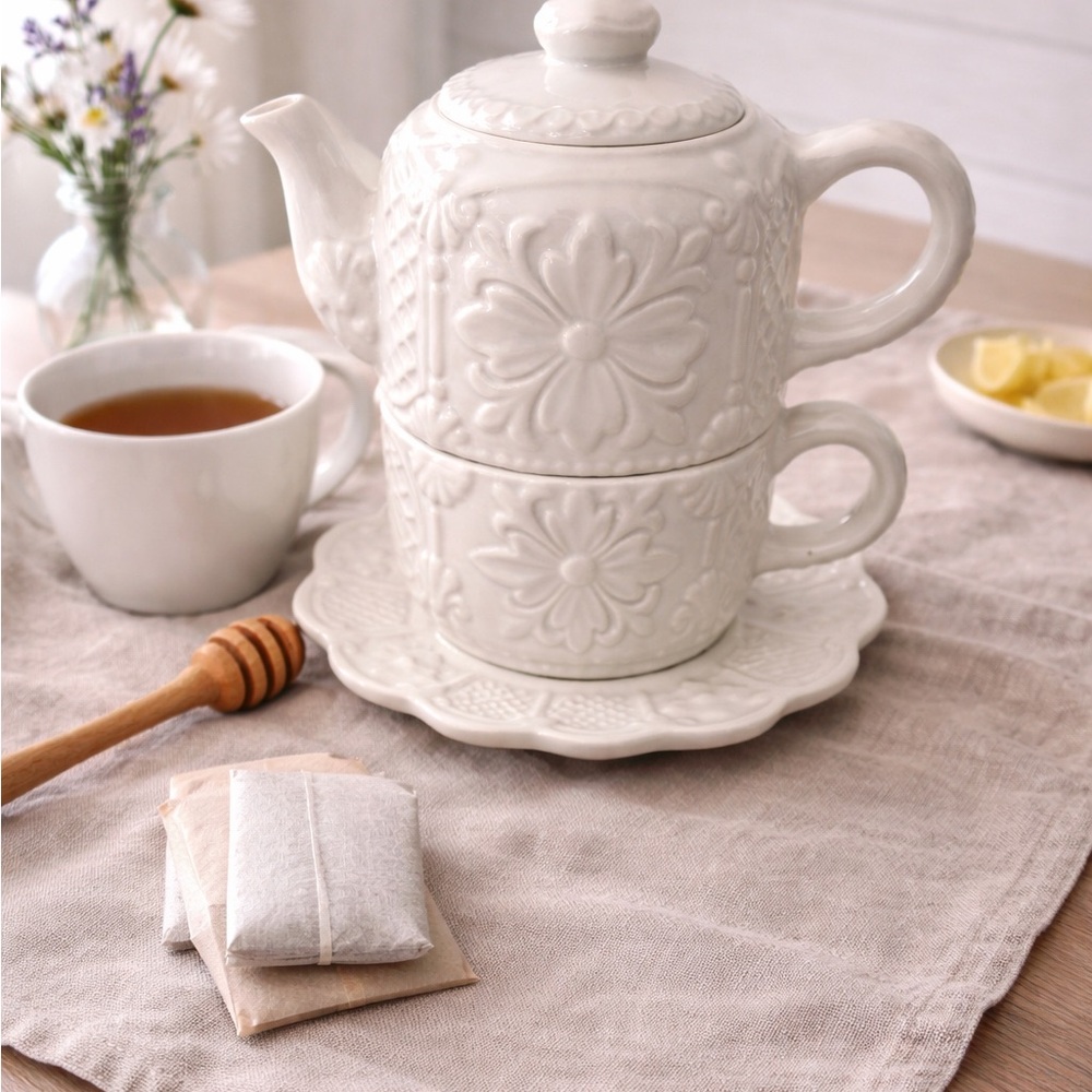 White Embossed Ceramic Tea for One Set - Stackable Teapot and Cup